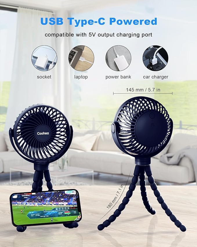 Stroller Fan Clip on for Baby, 4000mAh Rechargeable Battery Operated, Flexible Tripod, 3 Wind Speed, 360° Rotatable, Small Cooling Portable Fan for Car Seat Crib Golf Cart Treadmill, Navy Blue