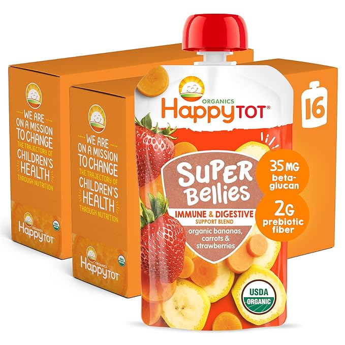 HAPPYTOT Organics Stage 4 Baby Food Pouches, Gluten Free, Vegan Snack, Super Bellies, Fruit & Veggie Puree, Banana, Carrot & Strawberry 4 Ounce (Pack of 16)