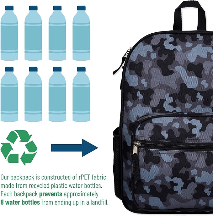 Wildkin ECO rPET Kids Backpack – Recycled, Padded, Adjustable for School & Travel – Black Camo