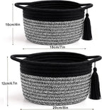 Empty Gift Basket Mini Woven Rope Organizer Baskets for Baby Shower, Vanity, Makeup Brushes, Bathroom, Shelves, Desk - Small Decorative Storage Bins - Set of 2, Pre-Shaped, Black Grey