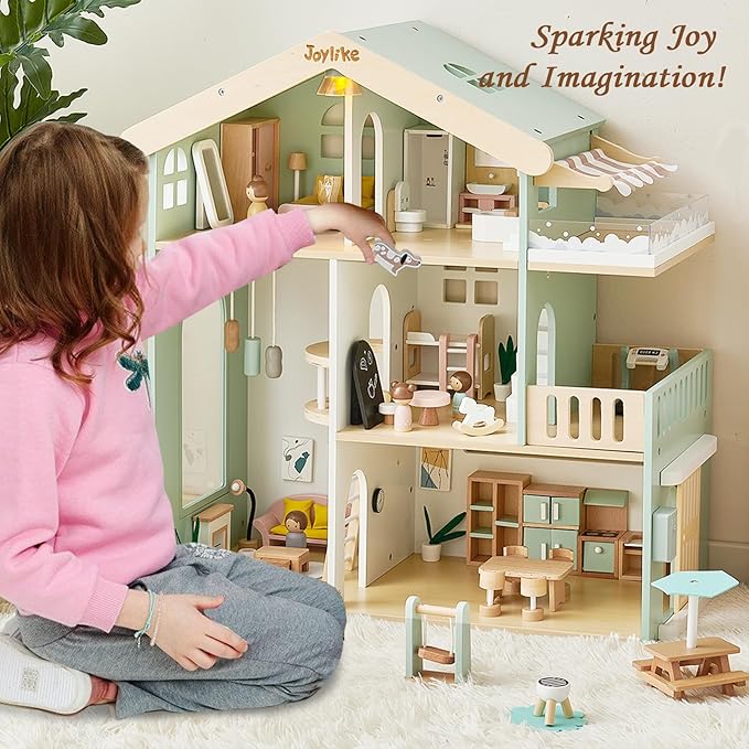 Wooden Dollhouse for Kids, Family Dollhouse with 53PCS Including Toy Figures, Furniture and Accessories, Ideal Gift for Kids Ages 3+