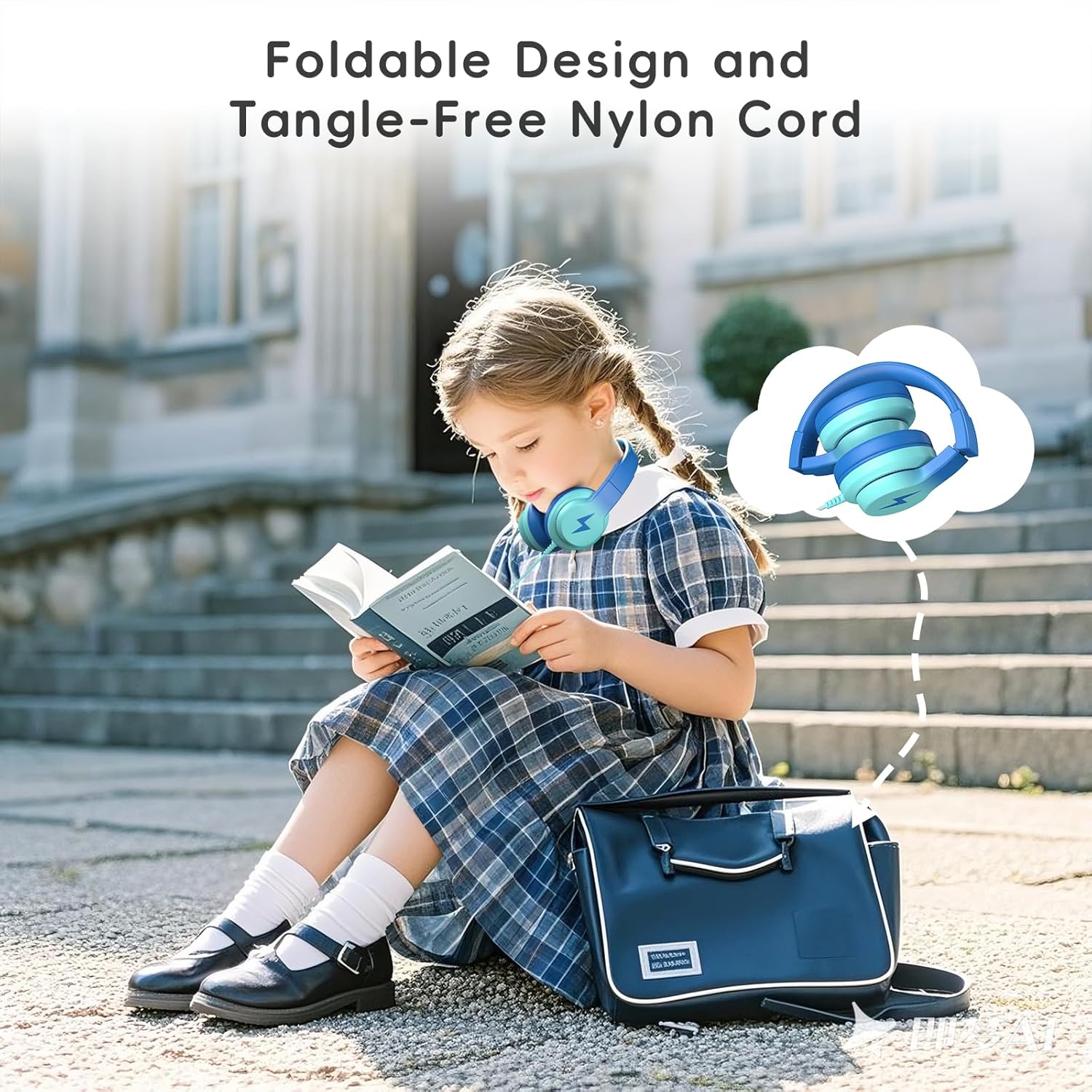 Kids Headphones, Wired Headphones for Kids with Microphone, 85/94dB Volume Limiter Headphone for Girls Boys, Foldable Headphone for Online Study, Gradient Blue