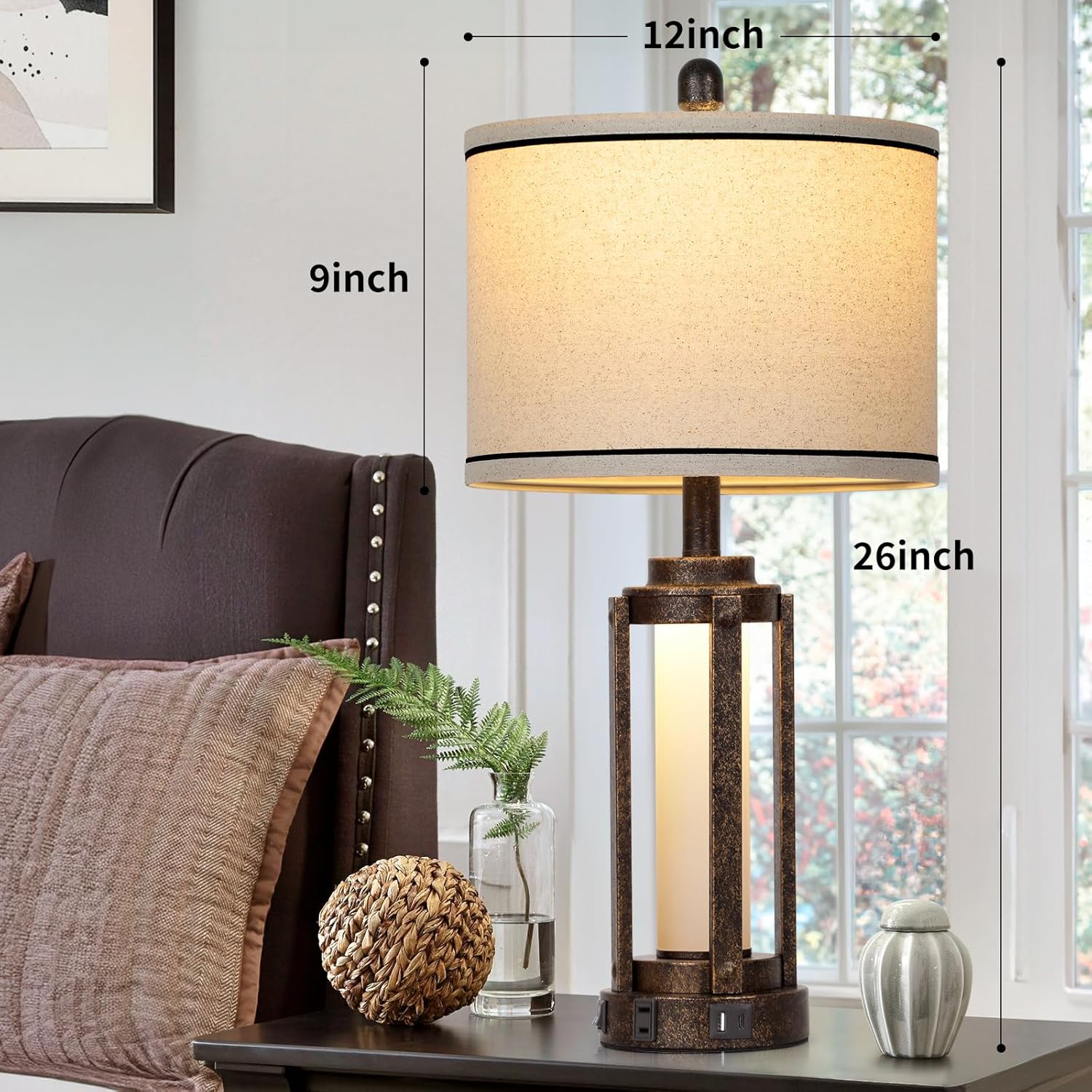 Farmhouse Industrial Lamp with USB A+C Charging Ports & AC Outlet, 26" Vintage Rustic Retro Table Lamp with Glass LED Night Light & Linen Fabric Shade for Living Room Bedrooms Single(2 Bulbs Included)