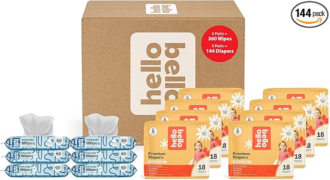 Hello Bello Mega Surprise Pack, Size 5 (27+ lbs), 144ct Hypoallergenic Assorted Diapers with a Soft, Cloth-Like Feel Plus 360 Ultra Gentle Unscented Baby Wipes in 6 Resealable Packs