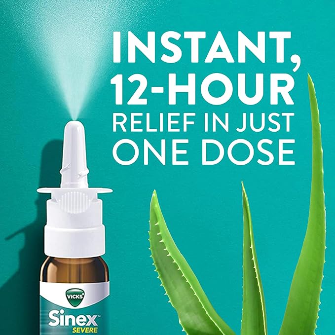 Vicks Sinex Severe Nasal Spray, Moisturizing Ultra Fine Mist with Aloe, Decongestant Medicine, Relief from Stuffy Nose Due to Cold or Allergy, Nasal Congestion & Sinus Pressure Relief, 265 Sprays x 2