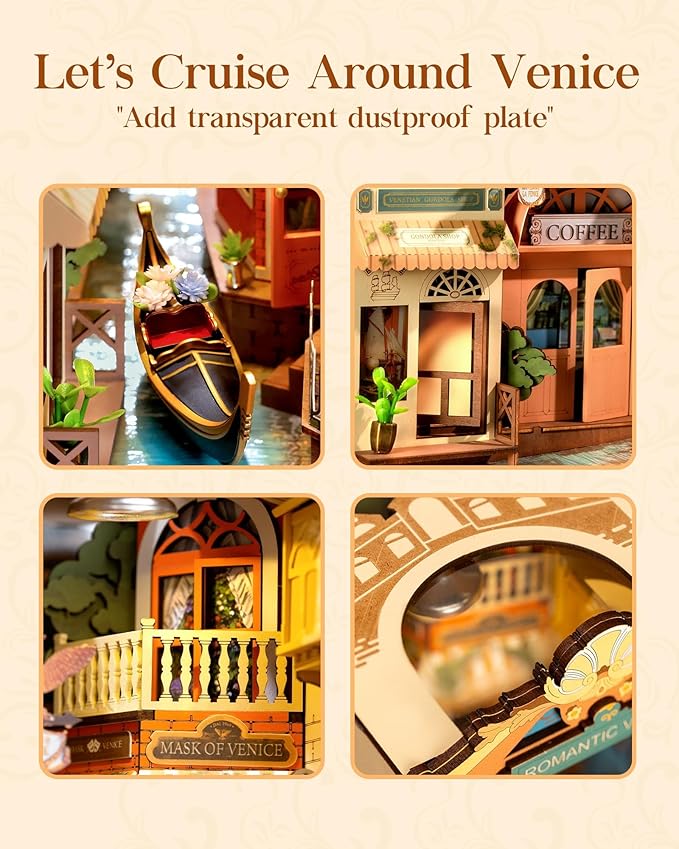 Rolife DIY Book Nook Kit for Adults, Miniature Dollhouse Booknook Kit, 3D Wooden Puzzle Creative Decorative Bookends Bookshelf Diorama Insert Crafts Hobbies Gifts (Romantic Venice)