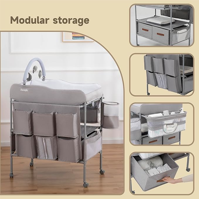 Baby Changing Table, Versatile Portable Folding Changing Table, Waterproof Diaper Changing Station with Waste Basket, Adjustable Height with 2 Drawers, Baby Changing Station for Infant and Newborn