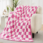 WRENSONGE Checkered Throw Blanket, Hot Pink Soft Cozy Fluffy Warm Hand Made Throw Blankets for Couch, Sofa, Chair, Bed, Camping, Picnic, Travel Lightweight Bed Blanket - 60"*80"