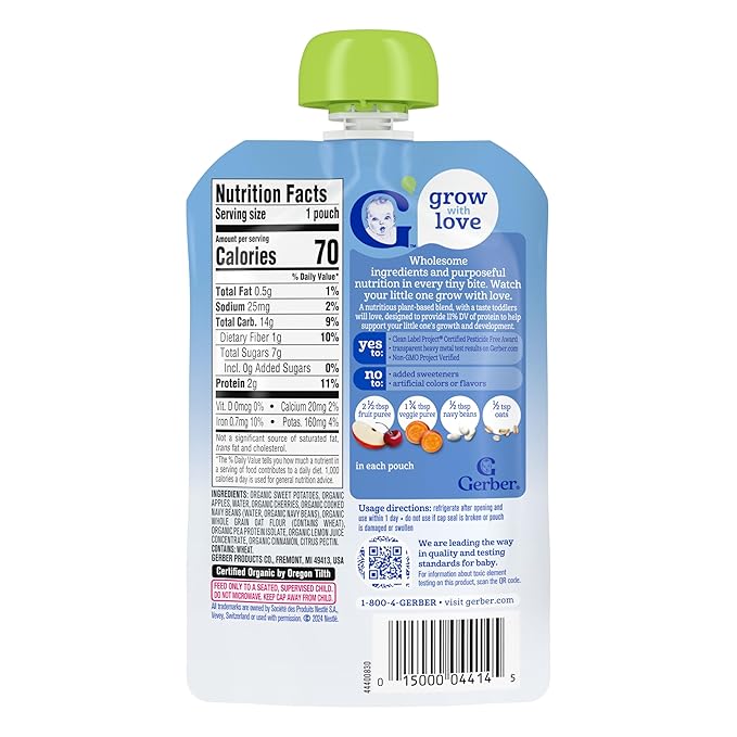 Gerber Toddler Food, Organic Sweet Potato Cherry Smash Puree Pouch, Toddler Pouches, No Added Sweetener, No Artificial Flavors, 12-Pack