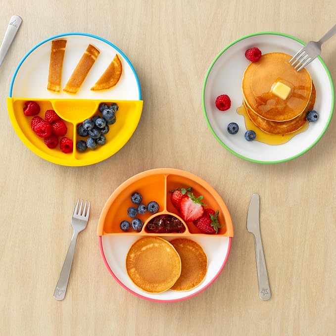Omie® Easy Scoop Plates for Kids | Unique Design Helps Food Fall into the Spoon, Not on the Table | Made from Plants | 3 Plates + 2 Silicone Dividers | Blue