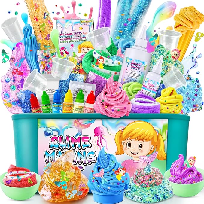 YOPINSAND DIY Slime Kit for Girls, Slime Making Kit for Kids, Glimmer Crunchy, Butter, Foam, Cloud Slime with Mermaid Add-ins, Foam Balls, Charms, Glitters, Party Favors Gift Toys for Kids 6-12