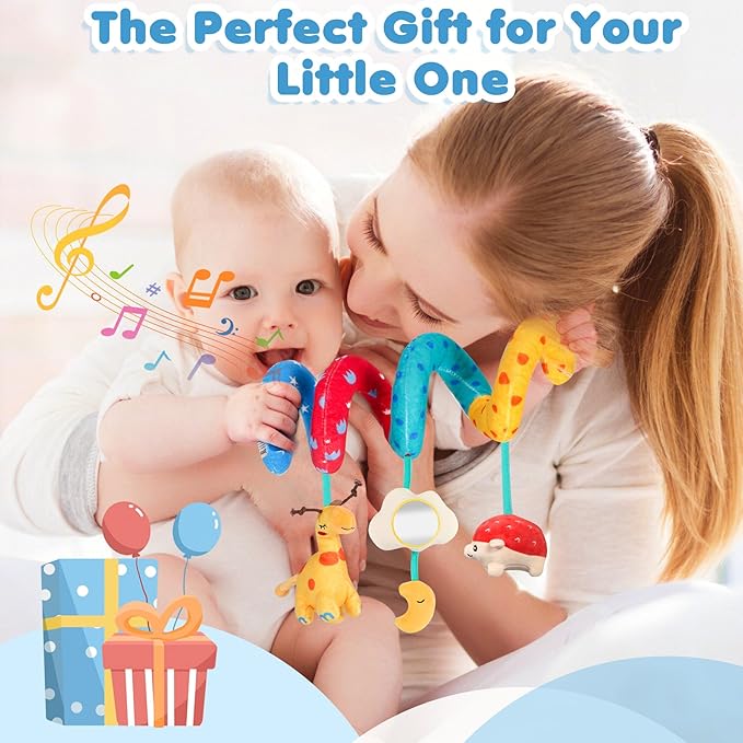 URMYWO Spiral Car Seat Toys for Babies 0-6 Months, Hanging Toy Fits Stroller, Developmental Sensory Baby Toy with Bell Crinkle Mirror, Baby Travel Gear Shower Gift for Boys Girls
