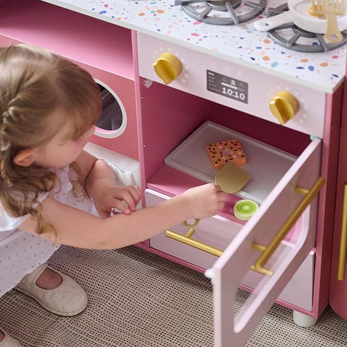 Teamson Little Chef Savannah Wooden Montessori Pretend Play Kitchen for Toddlers Kids Ages 3+ Modular Three-Piece Set with Sink Cart Stove & Fridge for Boys and Girls Playset – Pink