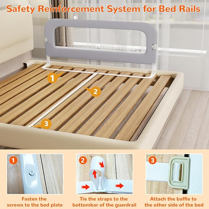 Bed Guard Rail for Toddlers - 47" Adjustable Heights & Folding up Portable Bed Railing for Baby - Toddler Bed Rails Guard for Crib, Twin, Bunk,Full Size, Queen & King Bed(Grey)