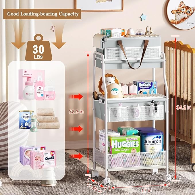 2 In1 Baby Diaper Caddy Organizer & Storage Cart, 3-Tier Rolling Diaper Organizers with Divider and 12 Pocket，Nursery Bedside Caddy Utility Cart for Baby Clothes & Dresser Baby Bottle -Baby Essential