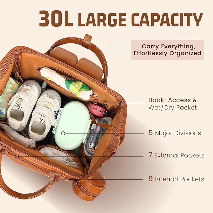 Premium Vegan Leather Diaper Bag Backpack with Waterproof Changing Pad – Reinforced Stitching & Zippers, Baby Bag for Boy Girl, Stroller Straps, Ergonomic Design for Traveling Moms, Brown