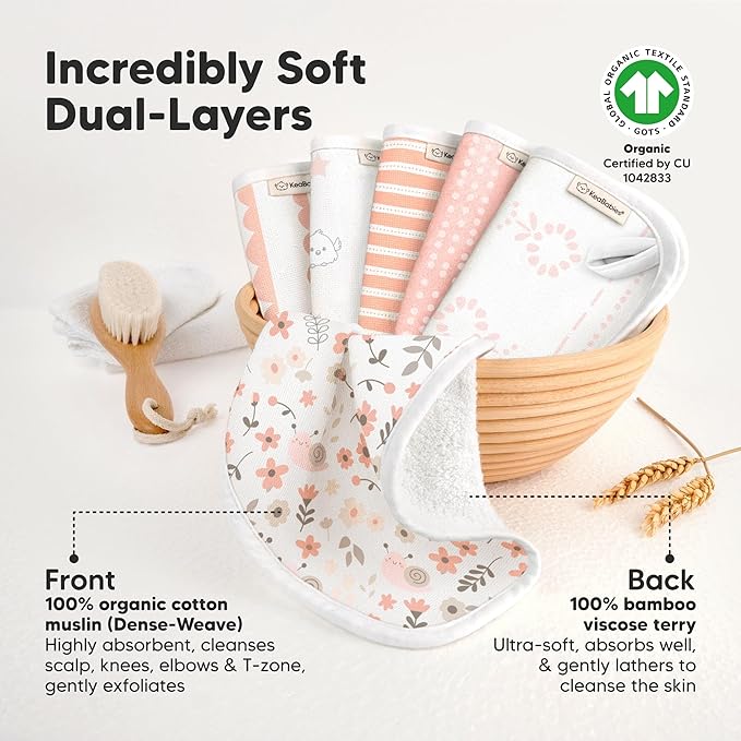 6-Pack Cotton Baby Washcloths for Newborn - Organic Cotton Muslin Soft Wash Cloths for Babies, Infant, Kids,Toddler Towels for Boy,Girl,Super Absorbent Face Cloths,Scratch-free Baby Rags (Sweet Charm)