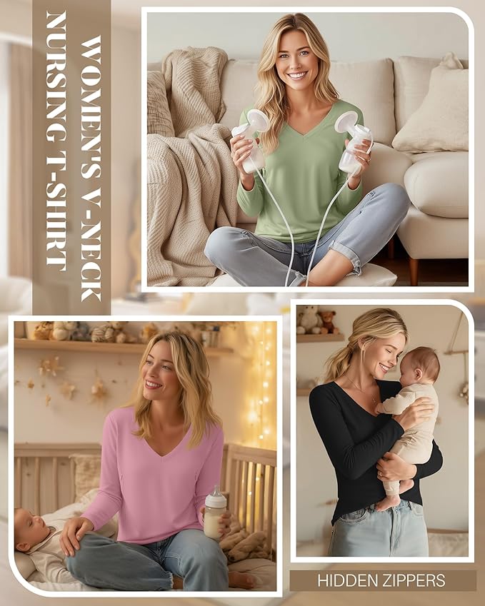 Huukeay 3 Pack Women's Long Sleeve Nursing Tops, Breastfeeding Hidden Zippers Shirts V Neck Maternity Pregnancy Tees Clothes