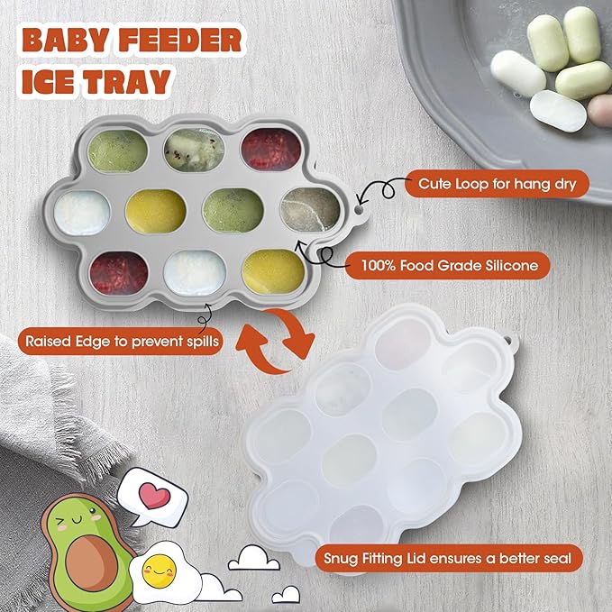 Baby Fruit Food Feeder & Breastmilk Popsicle Molds for Teething Relief, Baby Feeding Sets, 1 Freezer Tray with Lid & 1 Teether Toy & 1 Silicone Teething Pacifier Feeder, Extra Food Pouches (Grey)