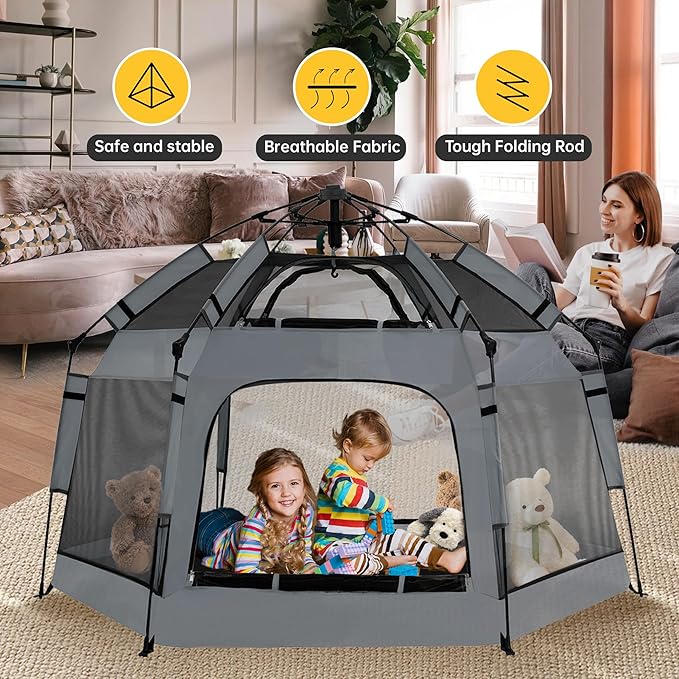 Pop Up Playpen for Babies with Canopy & Safety Lock - Outdoor Baby Playpen with 6 Ground Stakes & 6 Sand Stakes, UV Protection & Carry Bag, Instant Beach Tent for Indoor/Outdoor Use（Grey）