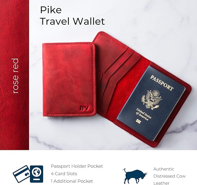 PEGAI Personalized Leather, Passport Holder For Travel | Handmade Passport Wallet Cover Case | Travel Document Holder, Passport Cover for Men, Women, and Family | Pike (Rose)