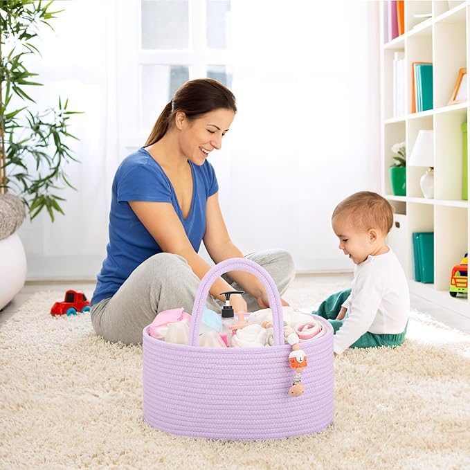 COMSE Large Baby Diaper Caddy Organizer for Girl Boy, Car Caddy with Handles, Cotton Rope Basket for Changing Table, Nursery Organizer, Gift for Baby Shower and Registry Must Have, Purple