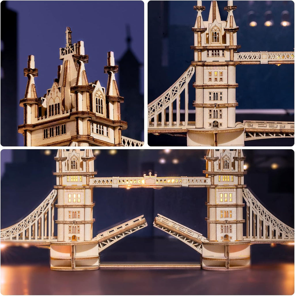 ROBOTIME 3D Puzzle Wooden Craft Kits with LED Light DIY Tower Bridge Construction Model Kit to Build for Teens Brain Teaser Puzzle Home Decor Birthday Gifts