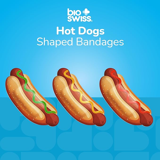 BioSwiss Bandages, Hot Dog Shaped Self Adhesive Bandage, Latex Free Sterile Wound Care, Fun First Aid Kit Supplies for Kids, 24 Count