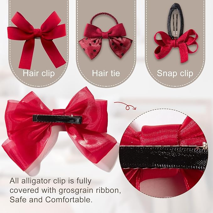 18pcs red hair bows for girls.Red bow with alligator hair clip,hair ties,snap clip hairpins.Handmade hair accessories for girls gift set