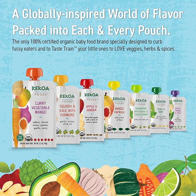Kekoa Foods Curry Vegetable Mango Baby Food Purée | 100% USDA Certified-Organic, No Sugar Added | Organic, Non-GMO, Gluten-Free, Vegan | Mild Curry with Celery, Carrot & Potato | 3.5 oz Squeeze Pouch