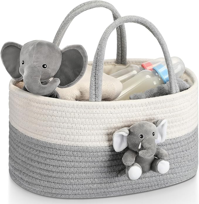 Elephant Diaper Caddy Organizer Cart Storage for Nursery with Handle Baby Shower Basket Gift Baby Bath Caddy for Diapers Wipes Elephant Basket for Nursery(Large)