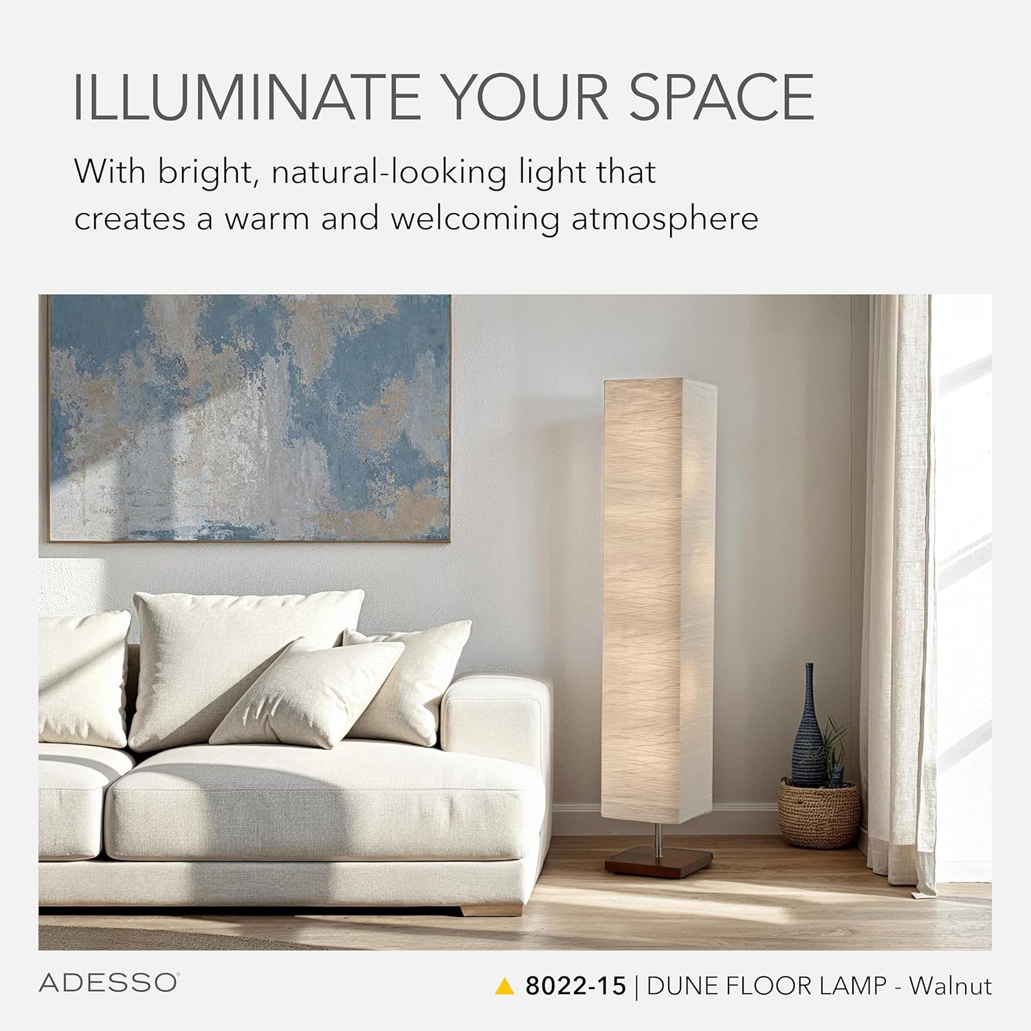 Adesso Three Light Floor Lamp – Natural Wood Base & Adjustable Brightness – Perfect Lighting for Bedroom, Living Room and Corner Decor, White