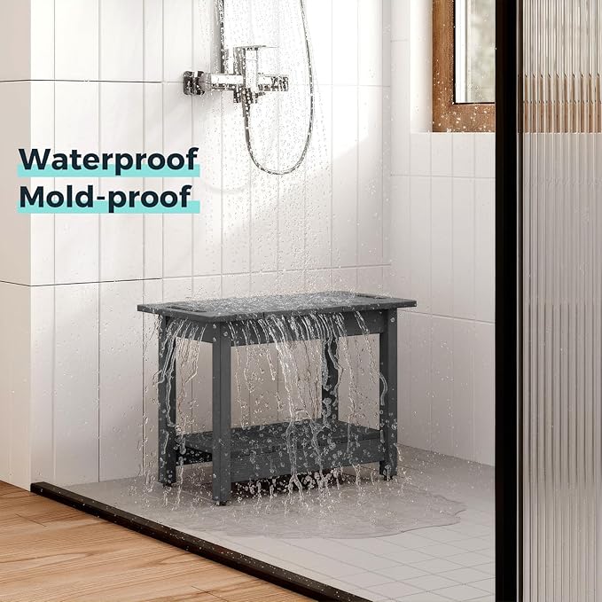 Waterproof Shower Bench, 24" Poly Lumber Shower Stool for Shaving Legs, Shower Chair Seat with Storage Shelf and Handles, Bathroom Bench for Inside Shower, Non-Slip (Grey)