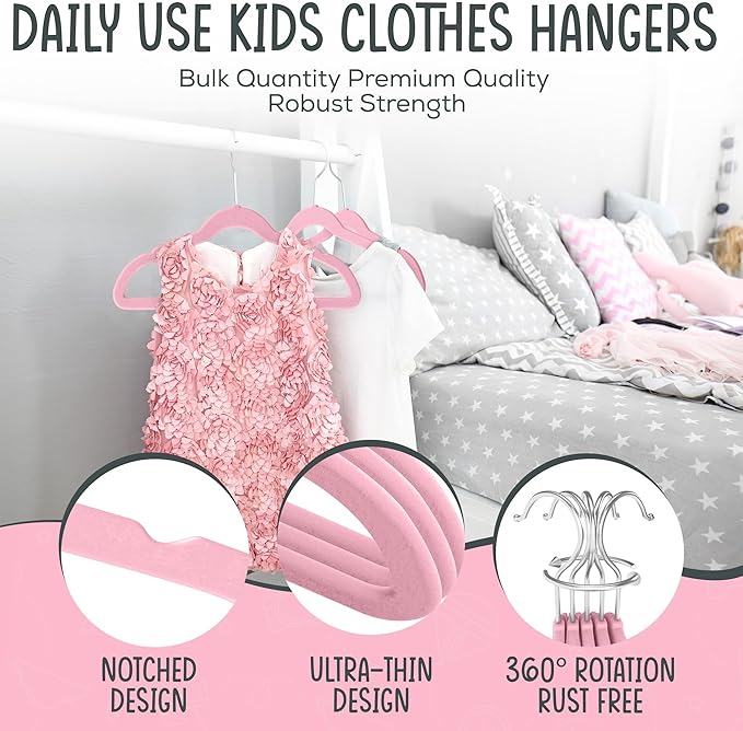 25 Premium Kids Velvet Hangers - 14" Non-Slip Clothes Hangers for Kids & Preteens - Ultra Slim, Space-Saving, Strong & Durable Hangers with 360° Swivel Hook - Pink
