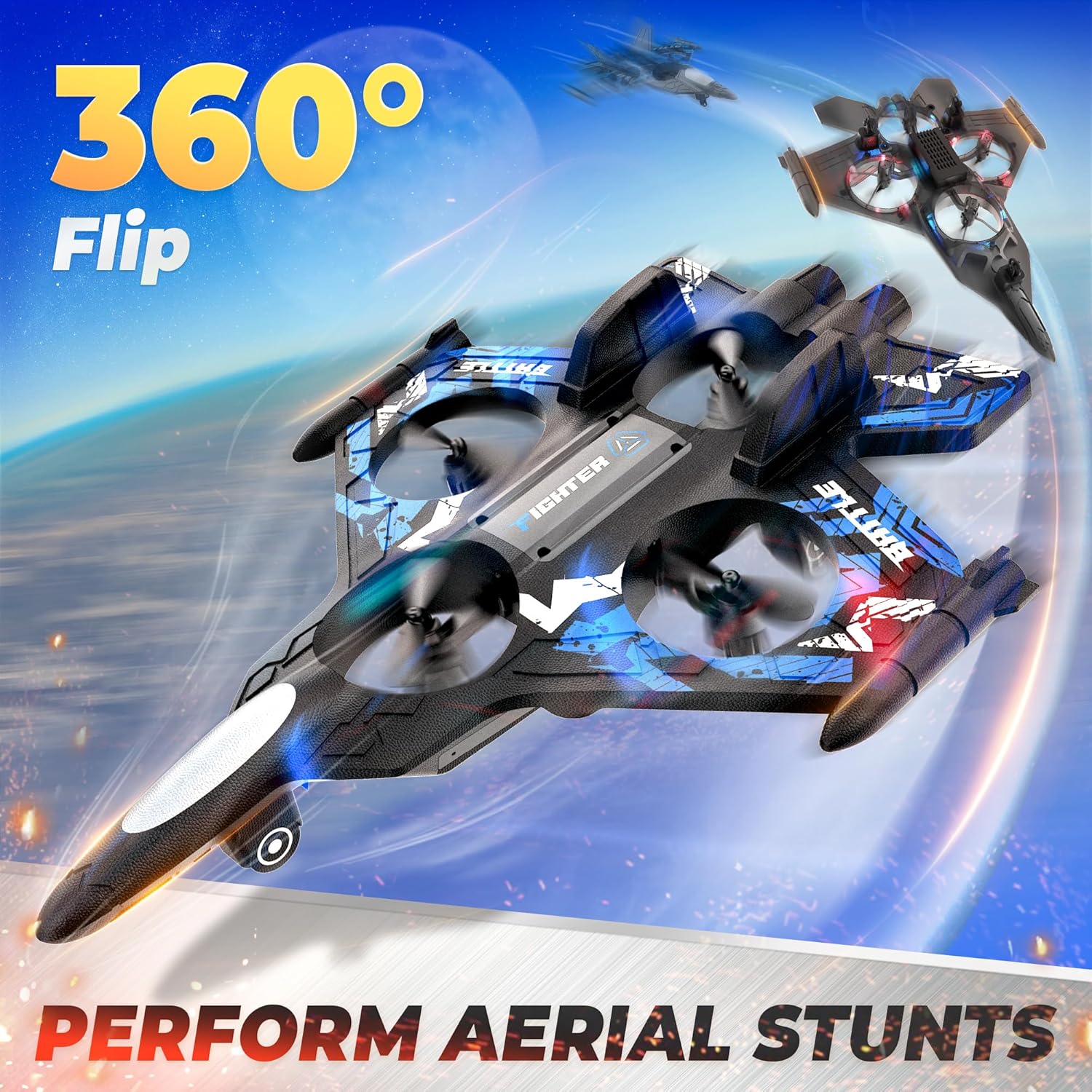 BEZGAR Drones for Kids | 2.4GHZ RC Plane, Remote Control Airplane, RC Helicopter, 360° Flip Fighter Jet Toy with Colorful LED Navigation Lights Blue, Toys for ages 8-13