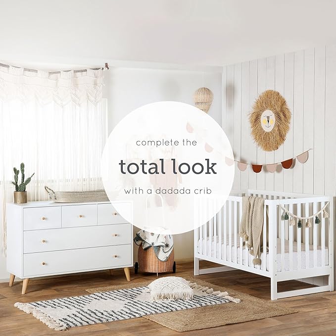 dadada Austin 5-Drawer Dresser for Nursery and Bedroom - Modern Design, Large Storage, Baby-Safe Finish, Anti-Tip Safety, Solid Wood Feet, Durable Construction (White+Natural)