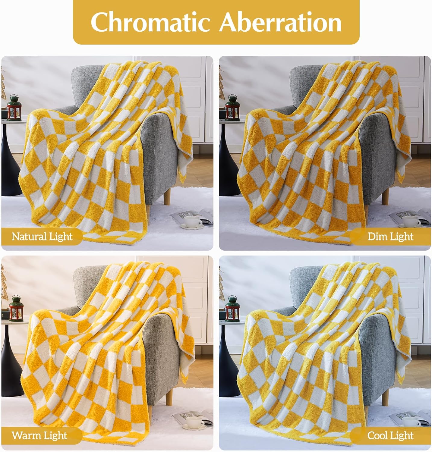 WRENSONGE Checkered Throw Blanket, Yellow Soft Cozy Fluffy Warm Hand Made Throw Blankets for Couch, Sofa, Chair, Bed, Camping, Picnic, Travel Lightweight Bed Blanket - 60"*80"