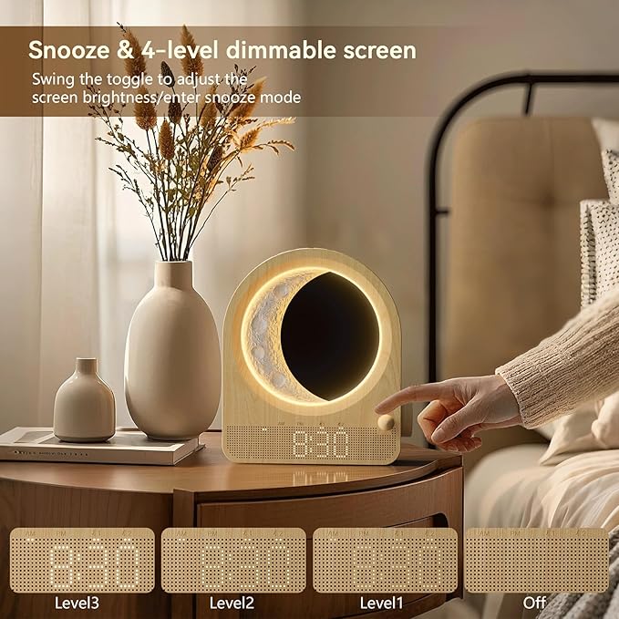 Sunrise Alarm Clocks for Bedrooms, Stepless Dimmable Moon Lamp Dual Alarm Clock Wake Up Light with 12Levels Volume for Heavy Sleepers, 10 Natural Sounds with 30/60/90min Timer Night Light
