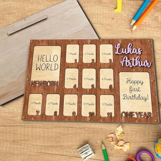 Personalized My First Year Photo Frame | 12 Months Picture Frame For Baby First Year | Displays Two 4x6 Photo and Eleven 2x3 Pictures | Birthday Party Decor Newborn Memory Keepsake, Style MP1