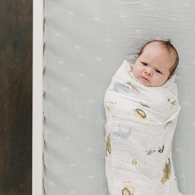 Little Unicorn Premium Crib Sheet | Breathable & Super-Soft Muslin Fabric (Blue Rainbow)