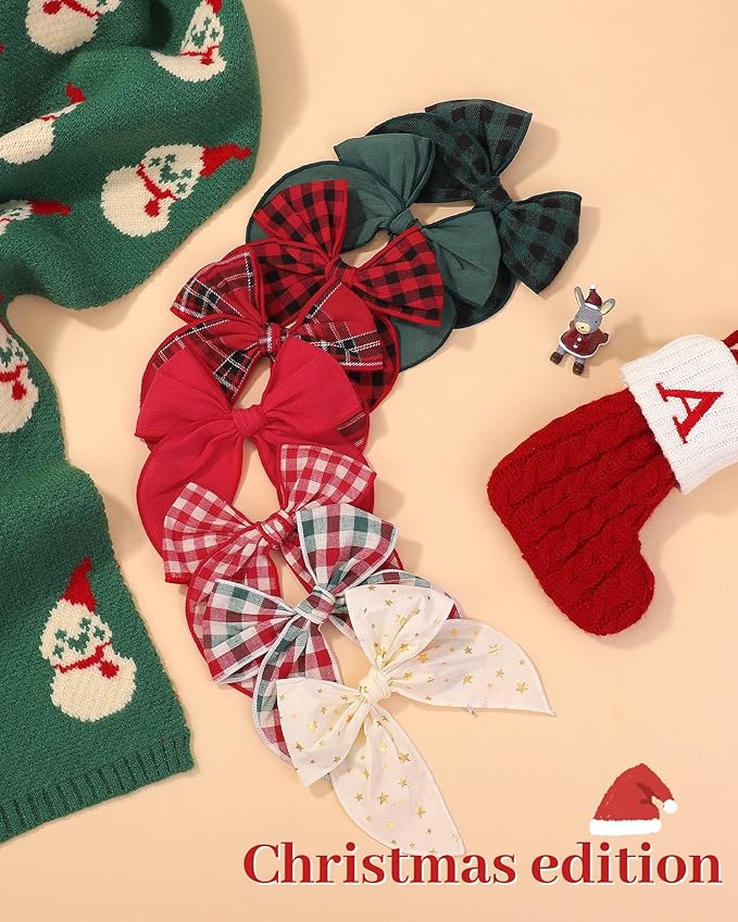 Doboi 8PCS Baby Girls Hair Clips Large Christmas Fable Hair Bows Cotton Linen Bows for Girls Gingham Hair Accessories for Baby Toddlers Kids
