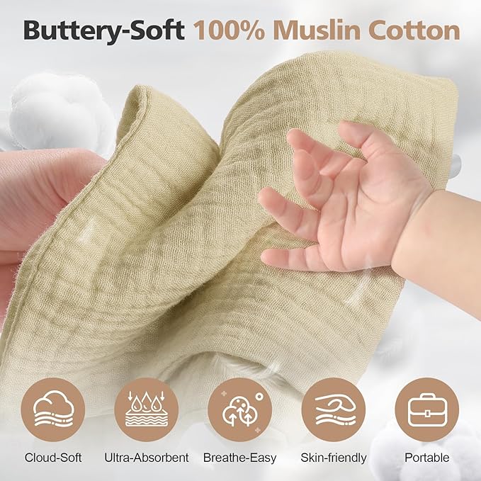 MUKIN Baby Washcloths,Muslin Burp Cloths Towels for Newborns,Absorbent Cotton Bath Face Towel ，5 Pack, 12x12 Inches (Amber Glow)
