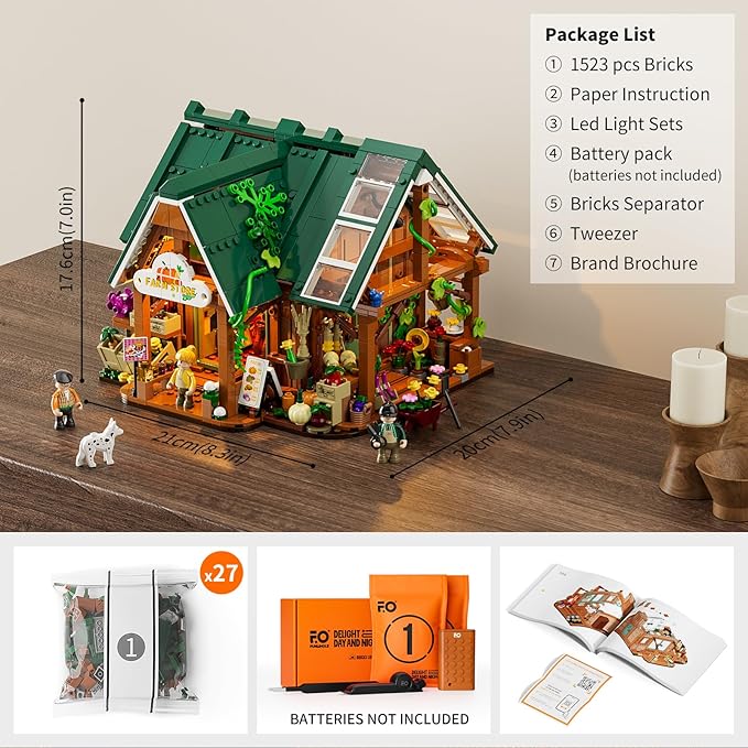 Funwhole Farm-Store Lighting Building-Bricks Set - Farm Shop LED Light Construction Building Model Set 1523 Pcs for Adults and Teen