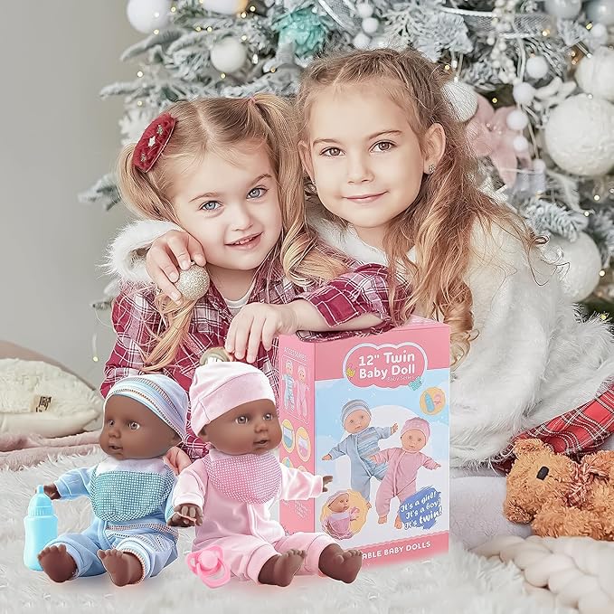 Toy Choi's Twin Baby Dolls - 12 inch Two Soft Black Body Babydoll with Rompers, Hat and Pacifier, Doll Bibs, Dolls Play Set for 2 3 4 5 Year Old Boys and Girls Gift