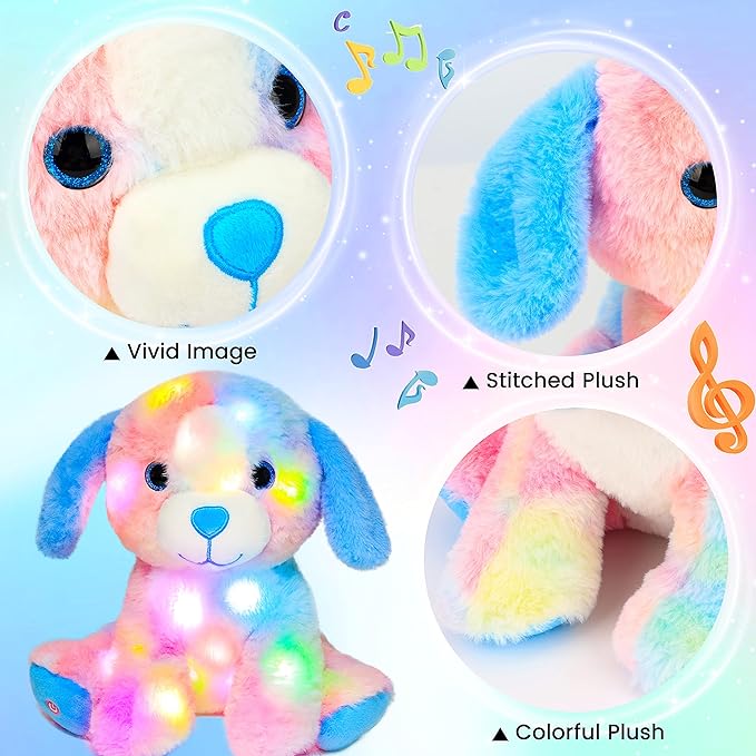 Hopearl LED Musical Stuffed Puppy Lighting Up Singing Plush Toy Adjustable Volume Lullaby Animated Soothe Birthday Festival for Kids Toddler Girls, Rainbow, 10.5''