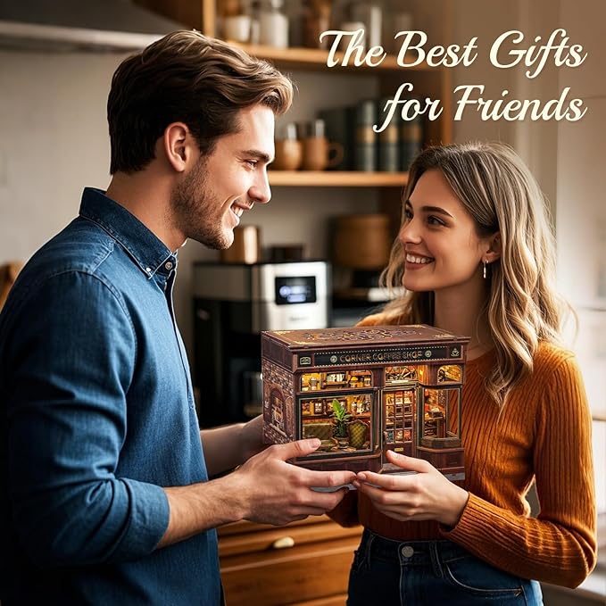 CUTEBEE Book Nook Kit - DIY Miniature House Coffee Shop Dollhouse Kit for Adults and Teens, Booknook Tiny House Bookshelf Decor 3D Wooden Puzzle, Gifts for Family, Friends (Corner Coffee Shop)