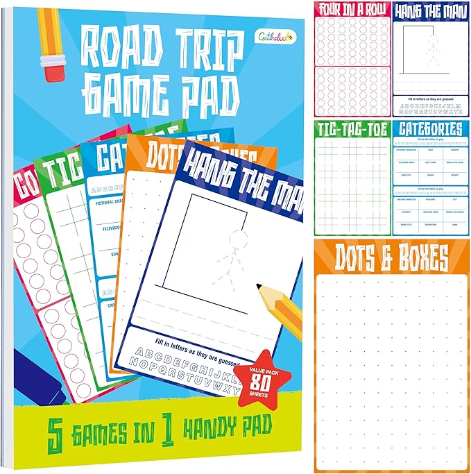 Road Trip Game Pad, 80 Tear-Off Sheets 5 Classic Games in 1 Pad, Dots & Boxes, Tic-tac-Toe, Categories, Plane Travel, Car Trip Activity, Pen Pencil & Paper Game for Kids, Adults (4” x 6”)