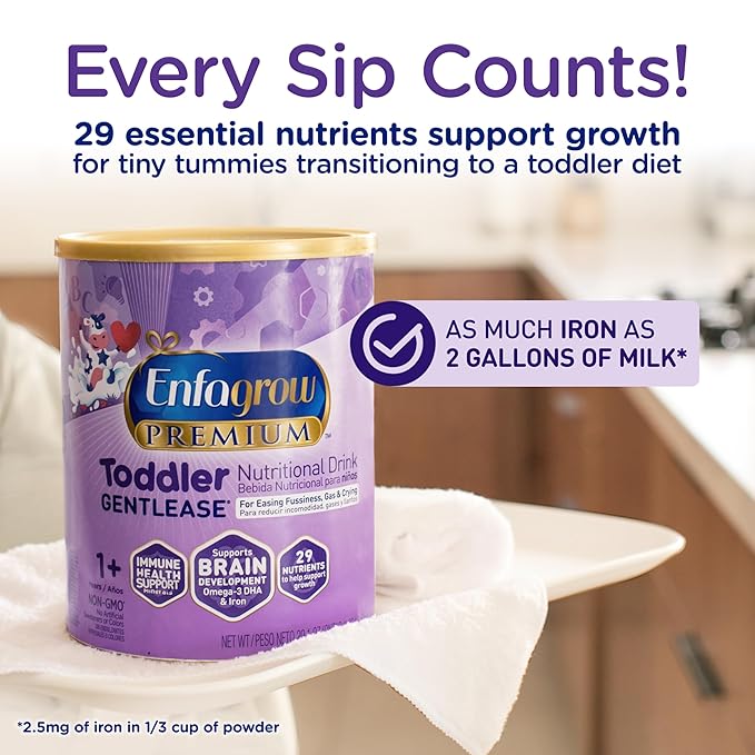 Enfagrow PREMIUM Gentlease Toddler Nutritional Drink, Made with Real Milk, Designed to Ease Fussiness, Gas & Crying, Nutrients for Growth & Immune Support, Powder Can, 29.1 Oz (Pack of 4)