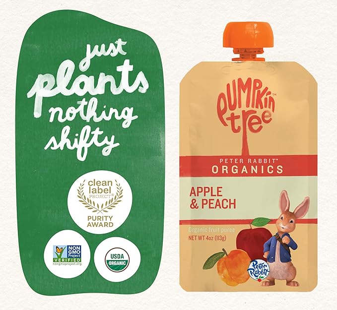 Pumpkin Tree Peter Rabbit Organics Apple and Peach, Fruit Snack Squeeze Pouch, 4 Ounce (Pack of 10)