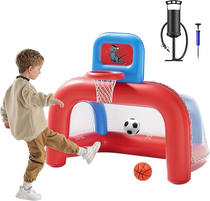 QPAU 2-in-1 Inflatable Toddler Basketball Hoop & Soccer Goal Set, Indoor Outdoor Sports Center Toys for Kids, Baby Toddlers Birthday Gift for 1 2 3 4 5 Year Old Boys Girls